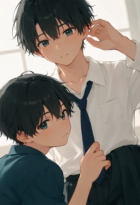 male、二人のmale、high school student、student uniform、slacks、loose tie、whole body、black hair、summer sunlight、study、二人のmaleが濃厚なキスをする、t...