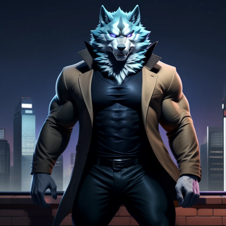 Solo, male, 4k quality, muscular wolf, Ogami Shirou, muscle, standing,  hypnotized with completely spyral glowing purple eyes with no irises or pupils, dangerous, sharp teeth, dark pants, dark shirt, beige coat, wind, rooftop, night,