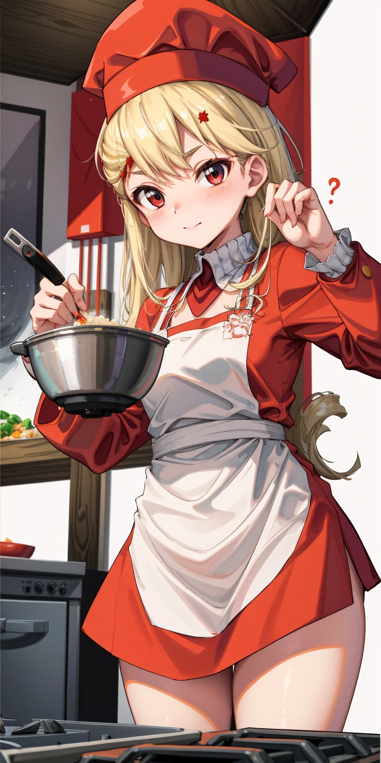 Create a virtual female chef who is stirring fried rice at the stove. and wears a red chef's shirt and chef's hat on a white background