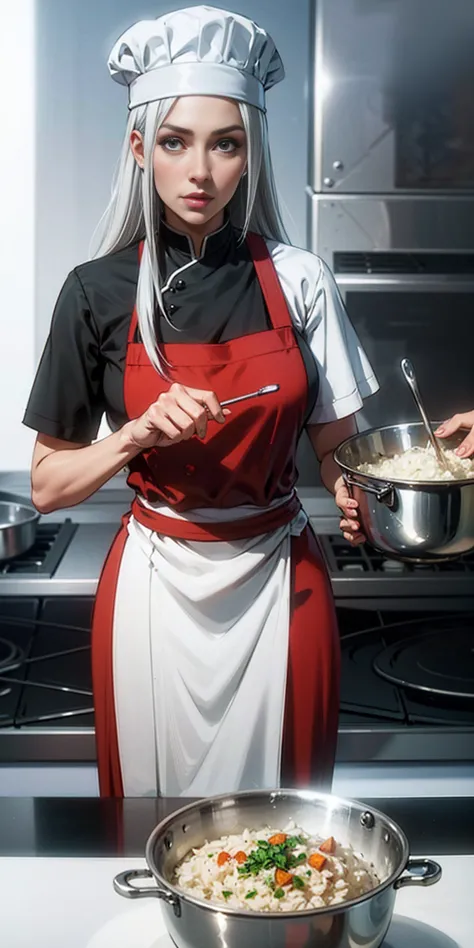 create a virtual female chef who is stirring fried rice at the stove. and wears a red chef's shirt and chef's hat on a white bac...