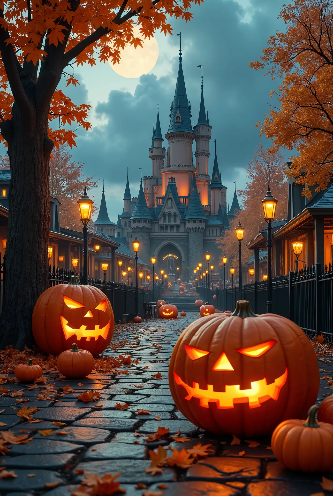 halloween theme park overview, halloween and autumn festival in the theme park,  theme park castle, theme park attractions, jack...