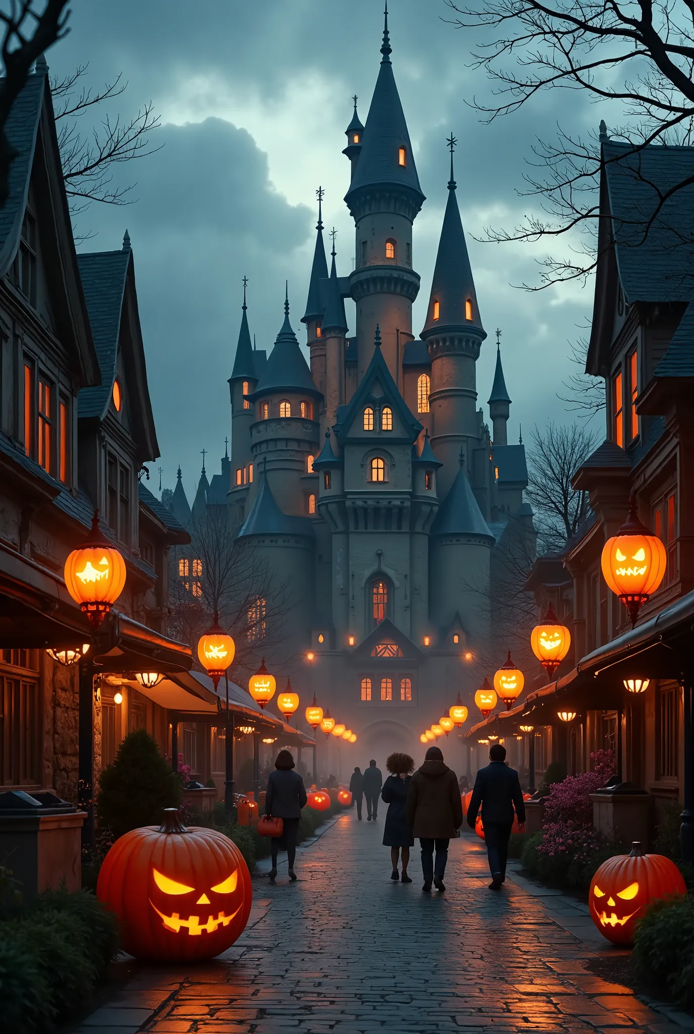 halloween theme park overview, halloween and autumn festival in the theme park,  theme park castle, theme park attractions, jack...