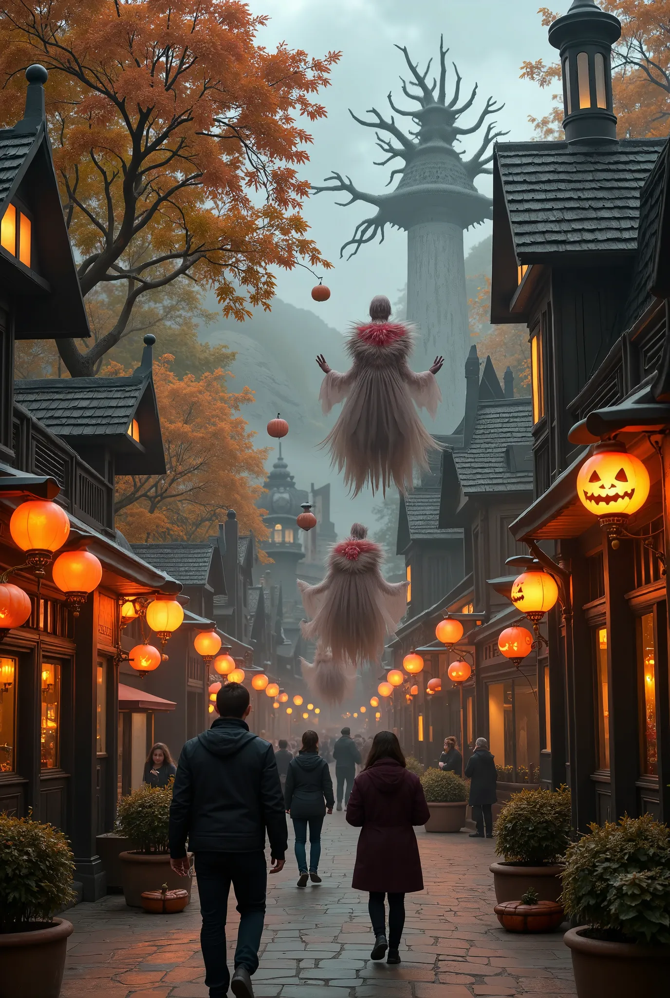 halloween theme park overview, halloween and autumn festival in the theme park. theme park buildings, theme park attractions. ov...