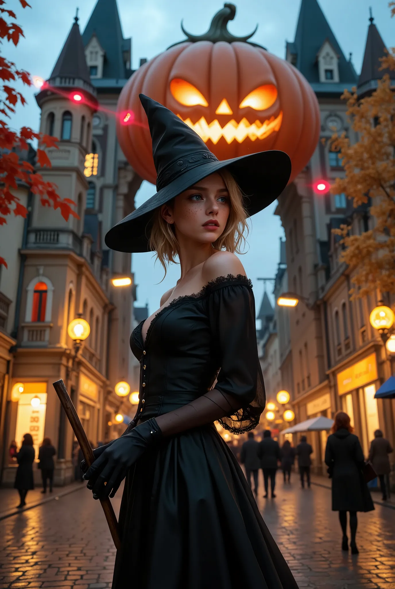 a hyper-realistic image of a beautiful young woman dressed in an elegant witch costume, standing in front of the grand entrance ...