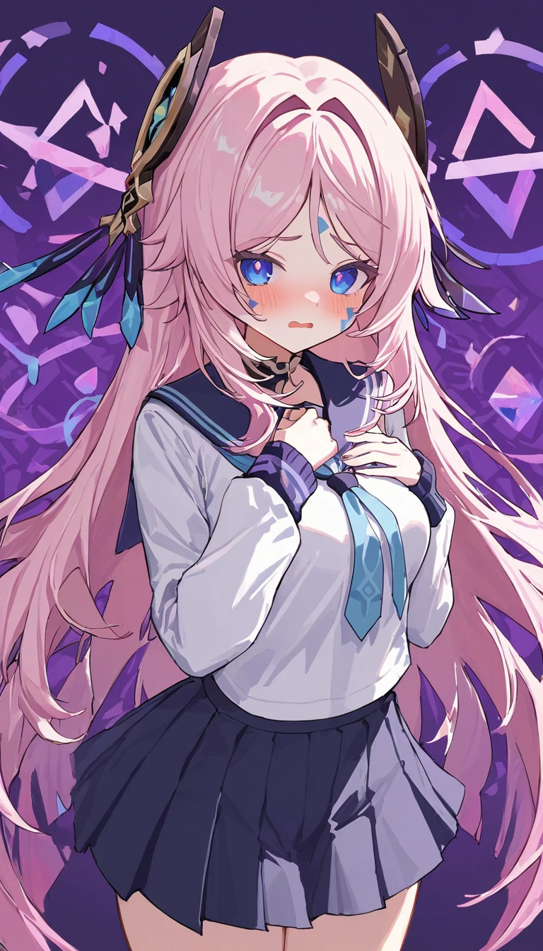 citlali ,シトラリ(genshin impact), 1girl,cowboy shot,embarrassed,(hands on own chest),pink hair, parted bangs, very long hair, hair down, braids, hair ornament, facial Mark, blue eyes, pink pupils,school uniform,Genshin Impact Style, AddXL, touches hair, glowing eyes, blush, beautiful detailed, hyper detail, masterpiece, best quality, bright, hair ornament, facial Mark, citlali,purple Geometric background