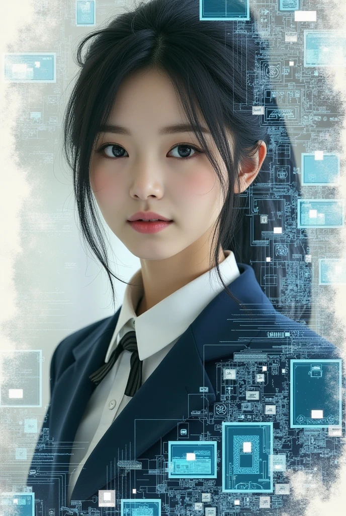 (最High image quality, detailed,masterpiece:1.2), RAW Photos, Realistic, 最High image quality, masterpiece, 超detailed, Very cute, 8kwallpaper, Realistic,Female Cyborgのエントリーのマインドマップ, Outputs and Processors, Multiple exposure of painting and person,  create a digital collage-style image where multiple elements overlap , especially, The parts that make up her, (masterpiece:1.2, Superior Quality,Milonish, Cinematic Experience, Realistic:2.0, RAW Photos:2.0, 非常にdetailed), 32K, wallpaper, Ultra-high resolution:1.5, Ultra High image quality:1.5, (Representing blueprints with holograms:2.0), (Beautiful woman:2.0), Female Cyborg, (Female Cyborgの設計図:2.0), (Draw the back view:2.0), (Avant-garde design:2.0), (detailedな設計図を描く:2.0), (Numerous setting notes:2.0), Portrait of a Japanese woman:1.21, School Uniform, Uniforms from prestigious metropolitan high schools:1.21, Short sleeve clothing, White short-sleeved sailor uniform:1.21, sera fuku:1.21, The upper body is wearing a uniform:1.21, navy skirt, Brown Hair,  chignon hair , Symmetrical eyes, 非常にdetailedな目, Beautiful hair blowing in the wind, reflection, masterpiece, 32k UHD resolution, High image quality,  professional photography,positive,Simple book cover, On one side is her true self,  Her digital persona is on the other side ,  the two are connected by an intertwined web of programming languages ,  It symbolizes the conflict between her true self and the influence of technology ,  The background is a mixture of calm and chaotic elements , It represents the contrasting emotions Ava experiences.,  The web of programming languages Lightly wrap the edges of the segmented image, Create a unified design ,