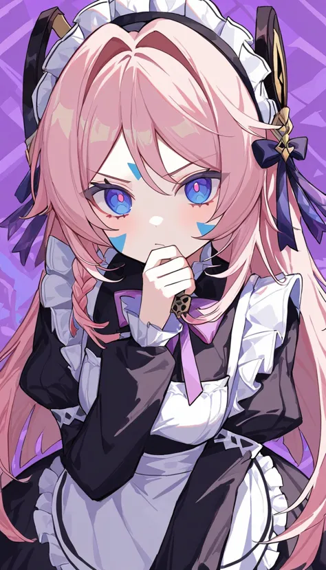 citlali ,シトラリ(genshin impact),1girl,cowboy shot,scowl,(hand on own chin),Gothic Maid,pink hair, parted bangs, very long hair, hair down,braids,(facial Mark), blue eyes,(pink pupils),Genshin Impact Style, AddXL,beautiful detailed, hyper detail, masterpiece, best quality, bright,citlali,purple Geometric background