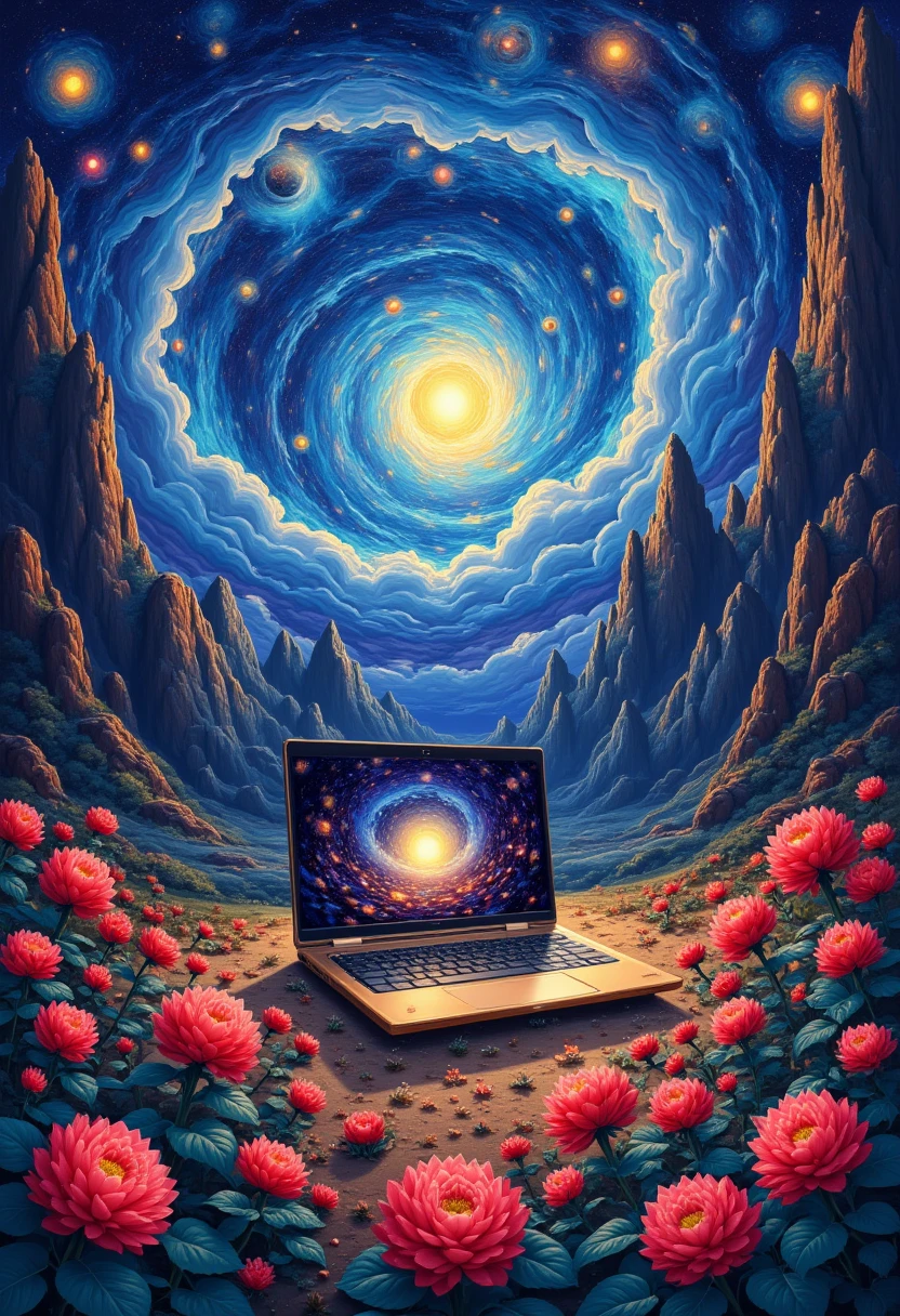 Laptop Computer, poster design, creative national style illustration, interstellar, smart notebook, time and space tunnel woven by data, bronze body, symphony of the universe, CGI special effects style, immersive visual feast, panorama, depth of field, master works, extreme detail, ultra high definition, 8k resolution,