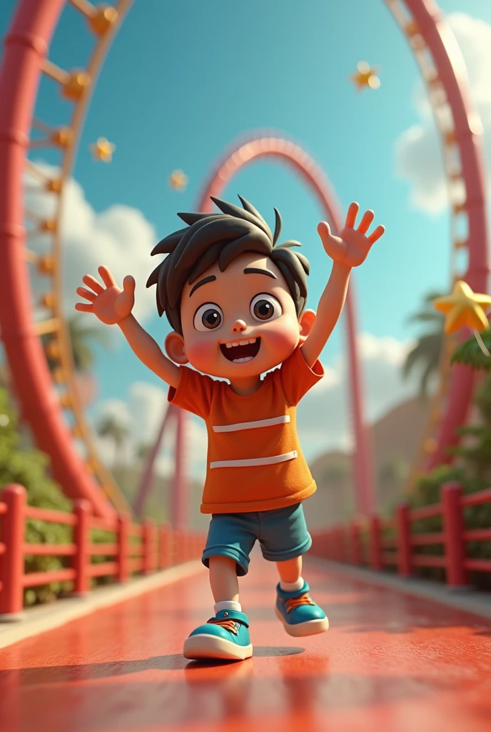 3D Animation、 boy who came down from a roller coaster、 his eyes are spinning and wobbling 、There are swirls in his eyes 、Surrealism、Comical scene、Funny scenes、16K Quality