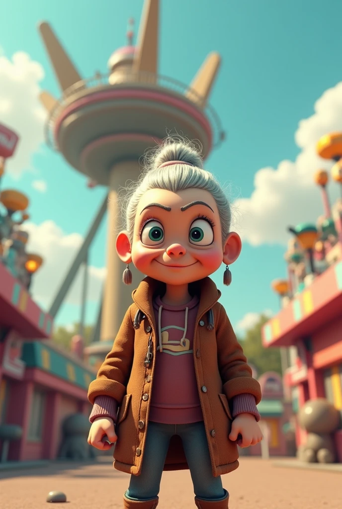 3D Animation、Modern amusement park 、 An old woman challenging the latest thrill machine 、 depicts an energetic and tough grandmother doing her best、Comical scene、16K Quality