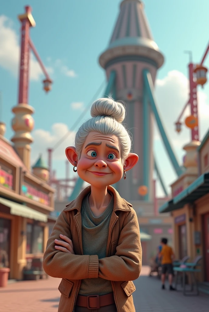 3D Animation、Modern amusement park 、 An old woman challenging the latest thrill machine 、 depicts an energetic and tough grandmother doing her best、Comical scene、16K Quality