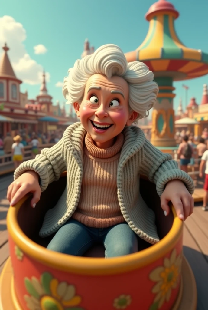 3D Animation、amusement park、 old woman riding a coffee cup 、 spinning the cup at a great speed、Tough grandma 、 drawing the toughness of an old woman enjoying stimulation 、Comical scene、16K Quality