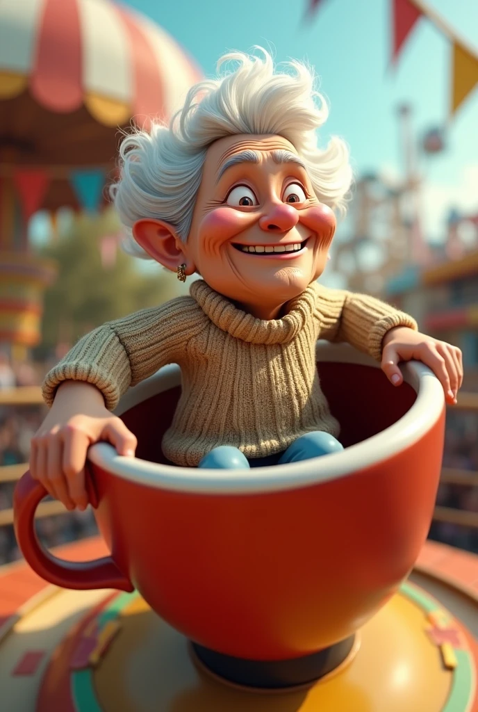 3D Animation、amusement park、 old woman riding a coffee cup 、 spinning the cup at a great speed、Tough grandma 、 drawing the toughness of an old woman enjoying stimulation 、Comical scene、16K Quality