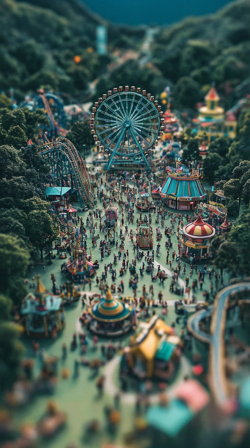 A vibrant amusement park captured from a high angle, with colorful roller coasters, a spinning Ferris wheel, and carnival rides in full swing. The tilt-shift effect makes the entire park seem like a miniature model, with toy-like visitors walking around, tiny ride cars zipping along the tracks, and a festive atmosphere that feels both real and fantastical