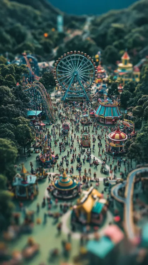 A vibrant amusement park captured from a high angle, with colorful roller coasters, a spinning Ferris wheel, and carnival rides in full swing. The tilt-shift effect makes the entire park seem like a miniature model, with toy-like visitors walking around, tiny ride cars zipping along the tracks, and a festive atmosphere that feels both real and fantastical