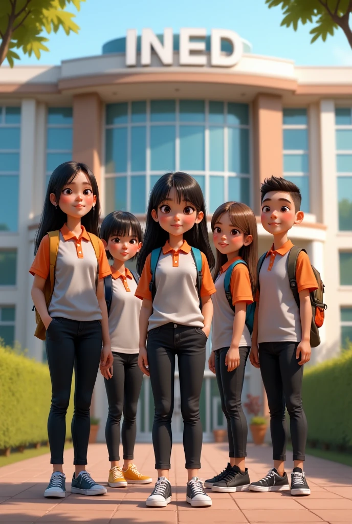 A vibrant Pixar-style poster featuring several young students, most likely Latino teenagers, with a bright and curious expression, dressed in black pants and a light grey polo shirt with a distinctive orange collar and sleeves, standing confidently in front of the "INED" institute, carrying modern educational backpacks and colorful study tools, with a subtle touch of warm lighting, which casts a soft glow on the student's soft, pink skin and focuses attention on their bright, inquisitive brown eyes.