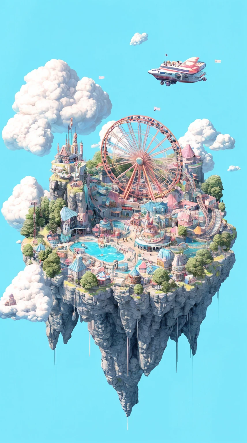 a floating island that has a big ferris wheel and roller coaster on it, the island is floating in mid-air, pure blue background, simplistic, isometric, in the sky flies a airship, Erase the little objects. Make the image cleanner , in an isometric illustration style, with a cartoonish and cute aesthetic.