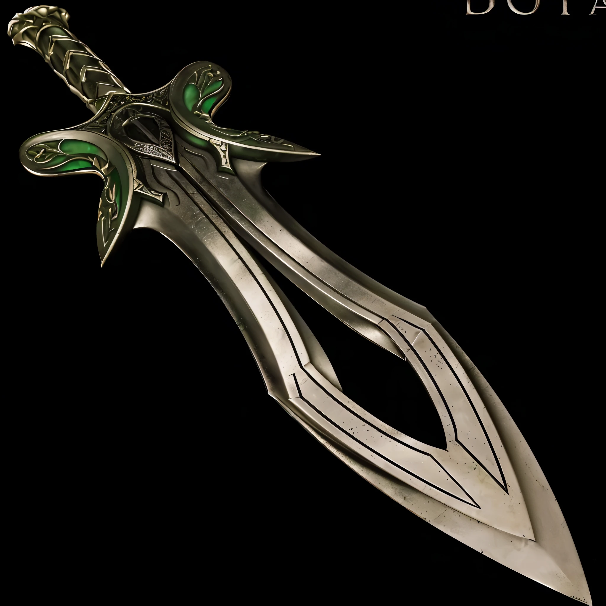 a close up of a sword with a green blade on a black background, fantasy weapon, glowing green soul blade, fantasy sword, fantasy sword of warrior, fantasy blade, beautiful sword, intricate fantasy spear, epic fantasy weapon art, glaive, orkish sword, armored sword blade, war blade weapon, sword design, blade design, large sword, huge sword