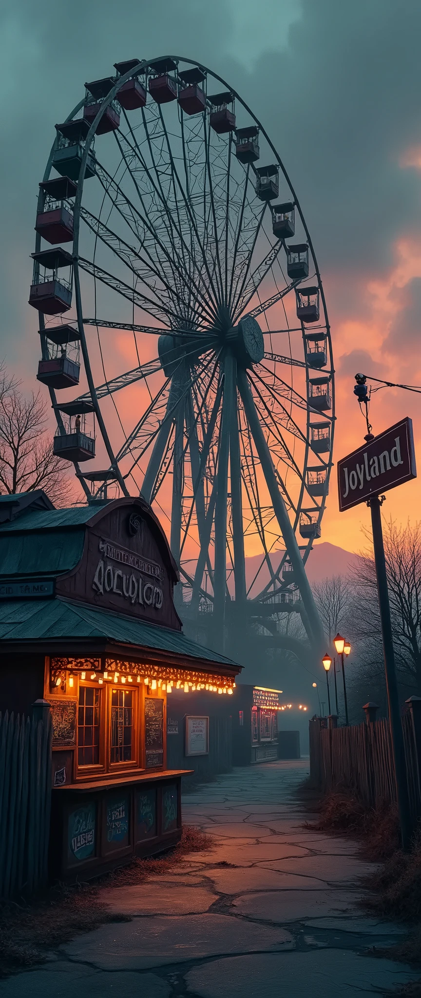 In a tall, narrow composition, depict a nostalgic, slightly eerie amusement park at dusk. The ferris wheel looms large, casting long shadows over a worn-out carnival booth. The lights on the rides flicker dimly, giving a sense of faded glory. The colors are muted but tinged with a melancholic glow—orange, purple, and deep blue hues dominate the sky as the sun sets behind the park. In the foreground, a faded sign for “Joyland” leans slightly, as if forgotten by time. Empty paths wind through the park, leading to shadowy, deserted attractions. The entire scene has an unsettling, haunted quality, capturing both the remnants of joy and an underlying feeling of sadness.