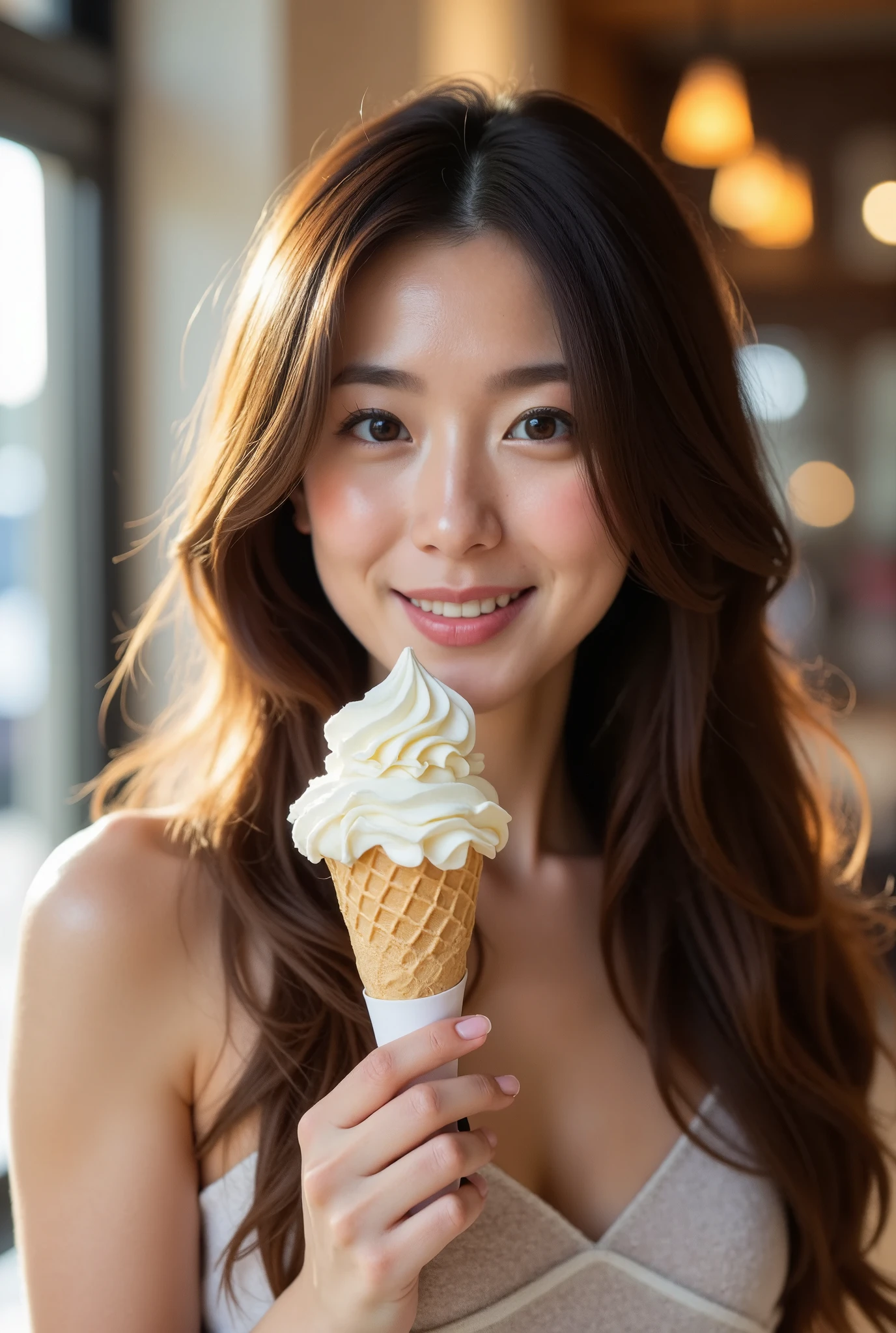 a young east-asian woman,beautful strait hair,thined out hair,fashion photography,with (long hair),standing,facing camera,biting ice cream,(natural skin texture,hyperrealism,soft light,sharp:1.2)  adult East Asian joyful,shot on Leica M10 with LEICA 35mm f-2 SUMMICRON-M ASPH 