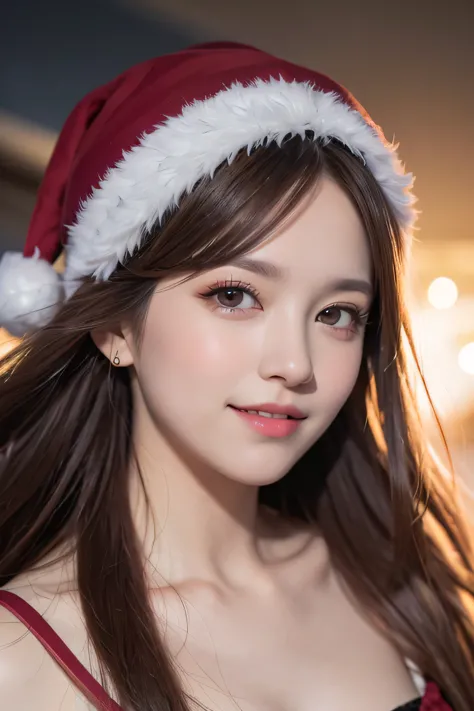 masterpiece, The highest image quality, High quality, a beautiful girl, 18-year-old Russian, popular Russian makeup,Santa Claus Costume、Christmas Eve、 details, Swollen eyes, A detailed eye, Detailed skin, Beautiful skins, Super high resolution, (reality:1.4), very extremely beautiful, slightly younger face, Beautiful skins, slender, (A hyperrealist), (high resolution), (8K), (beautifully detailed eyes), (ultra detailed), (wall-), (detailed face),  looking at spectators , finely detailed、Una detailed face、pureerosfaceace_v1、A smile、Looking ahead、It looks straight from the waist up.、realistic photos、bright lighting、 long hair、Winter city