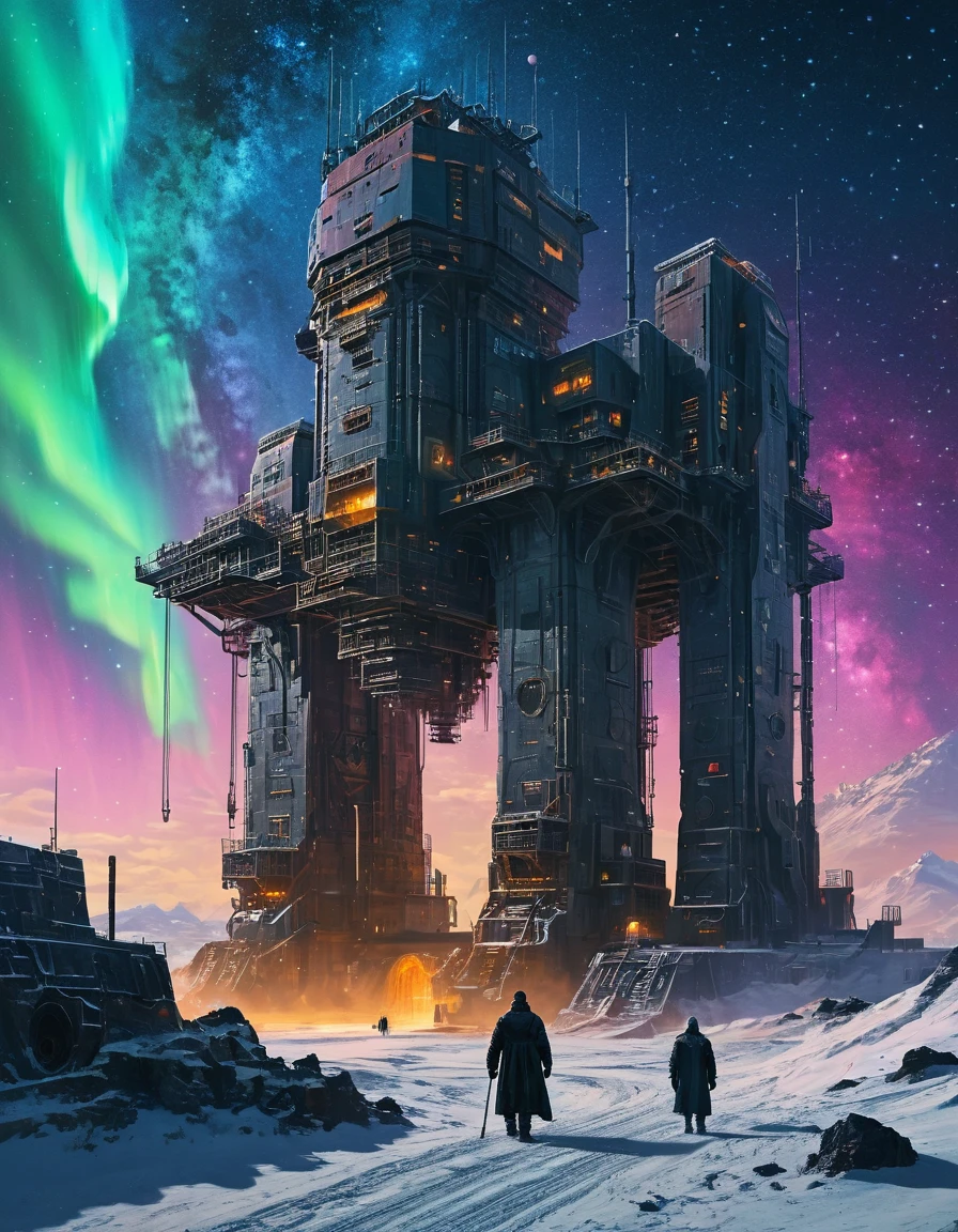 Heavy Machinery picture of an Futuristic bio-mechanical oil drilling platform glowing in the darkness of  a doomed snowy tundra with huge cannons with a dark galaxy with the soft glow of aurora-inspired hues. A man in a long coat walking across a desert with a giant worn head in the background, concept art, lone wanderer traversing an impossibly large and daunting environment. defined by their silhouette, Use a palette that complements