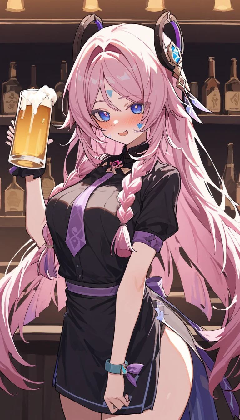 citlali ,シトラリ(genshin impact),1girl,cowboy shot,drunk,holding beer glass,waitress,pink hair, parted bangs, very long hair, hair down,braids,(facial Mark), blue eyes,(pink pupils),Genshin Impact Style, AddXL,beautiful detailed, hyper detail, masterpiece, best quality, bright,citlali,bar \(place\)