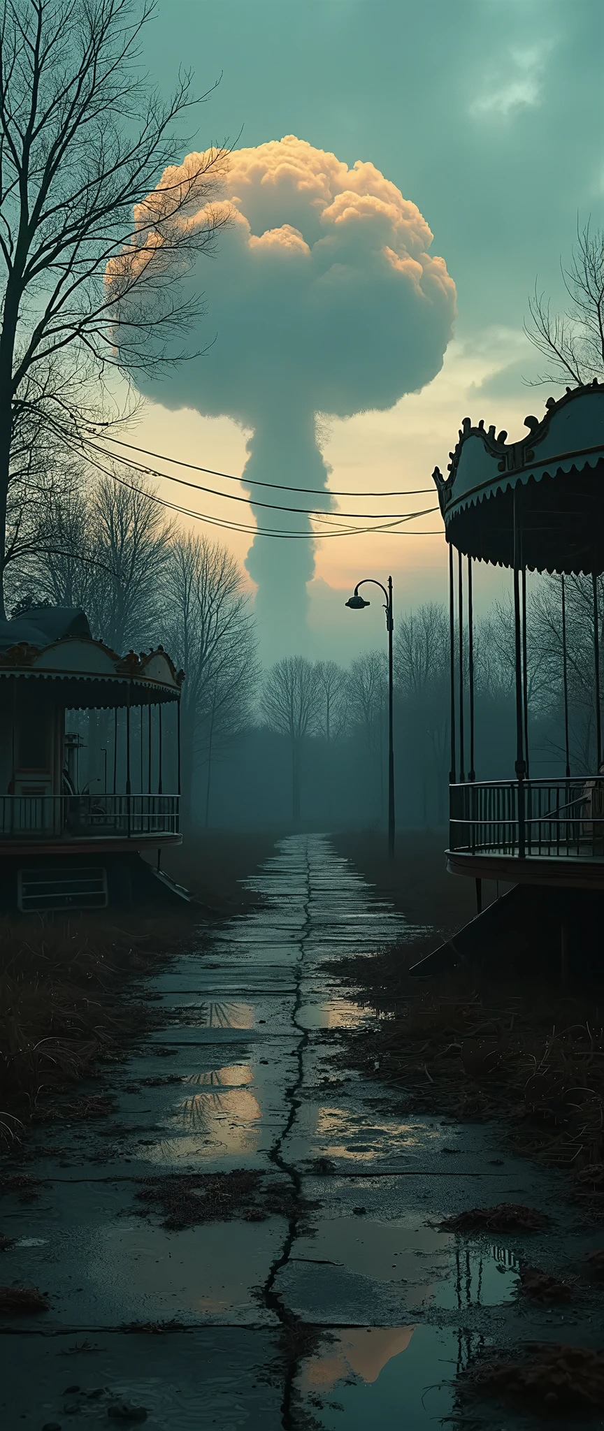 In a tall, narrow composition, depict a nostalgic, slightly eerie amusement park at dusk. The ferris wheel looms large, casting long shadows over a worn-out carnival booth. The lights on the rides flicker dimly, giving a sense of faded glory. The colors are muted but tinged with a melancholic glow—orange, purple, and deep blue hues dominate the sky as the sun sets behind the park. In the foreground, a faded sign for “Joyland” leans slightly, as if forgotten by time. Empty paths wind through the park, leading to shadowy, deserted attractions. The entire scene has an unsettling, haunted quality, capturing both the remnants of joy and an underlying feeling of sadness.