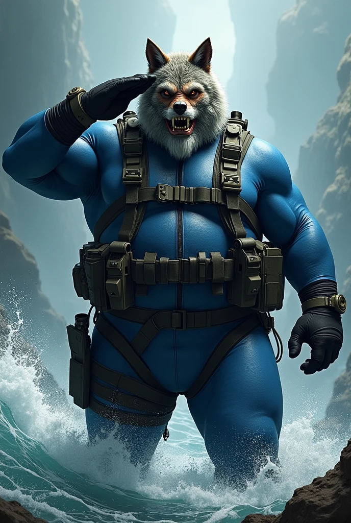 (A rugged beefy very muscular bulky angry chubby old man), (wearing blue wetsuit), saluting, carrying a rifle (wearing realistic wolf mask). He has bulky scuba gear, muscular physique, toned muscles, fierce, heroic, action, comic artstyle, bulky best quality, wearing black rubber gloves. wearing gun holster on left thighs, dynamic action pose, fierce expression, showcasing an imposing stature, powerful, best quality image, action-packed atmosphere, masterpiece.