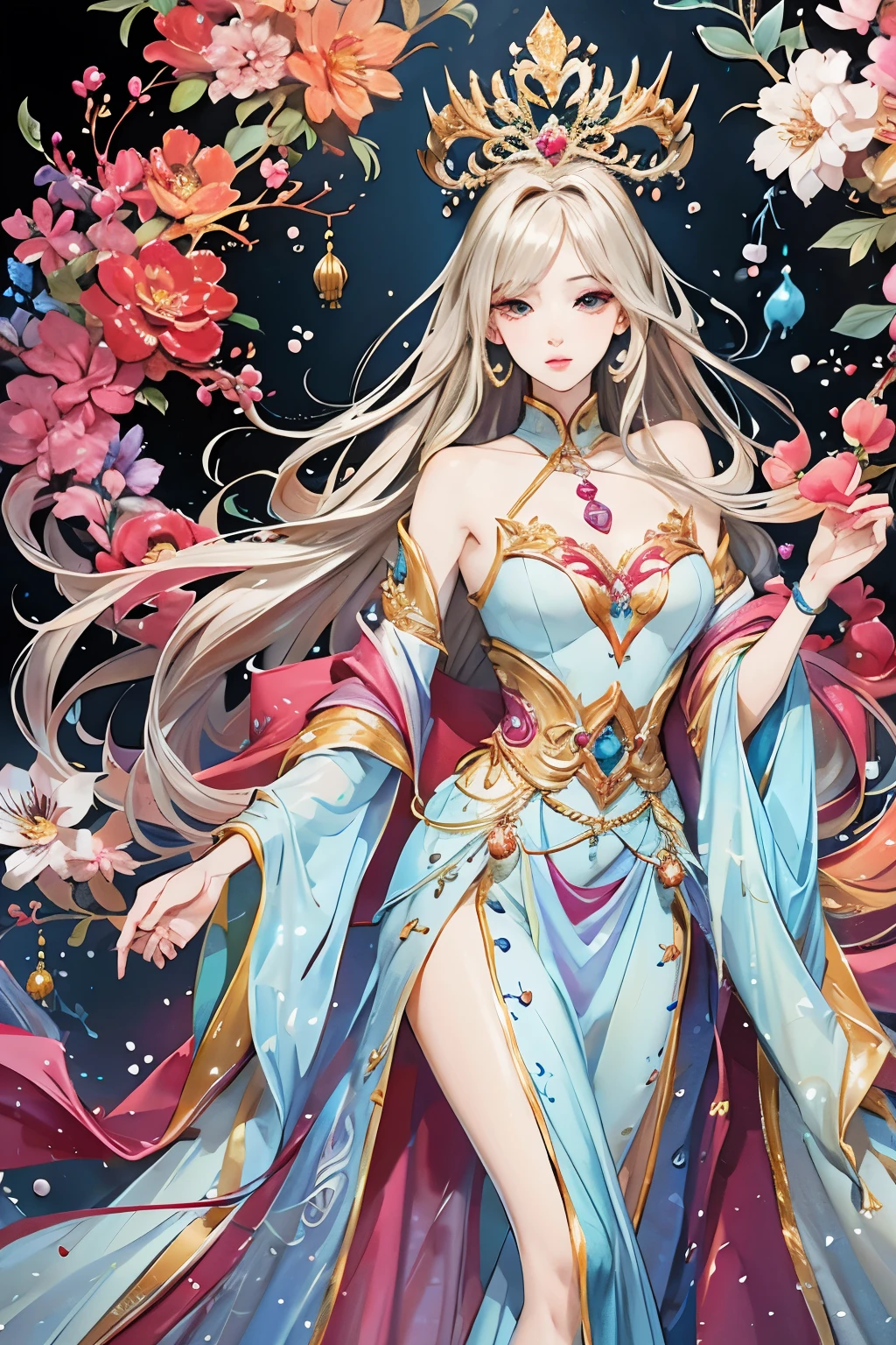  (High image quality, Best Quality, High resolution, Super detailed, 8k, Fine painting), Beautiful young woman, Unparalleled beauty, goddess,  perfect body , Perfect Nose, Perfect Mouth, Perfect Eyes, Beautiful face drawing, Perfect Skin, The most beautiful woman in the world, Silver blonde medium hair, Flower Hair Ornaments, Platinum Tiara, Elegant appearance, Bright Eyes, Perfect Skin, A simple and sophisticated two-piece silk garment, Pale pink shawl, Light silk belt, Ethereal and flowing long skirt, Overwhelmingly colorful colors, A dreamy and fantastical atmosphere,  fantasy style exquisitely crafted in anime style,  embodies traditional Chinese beauty ,  Exquisite and mature manga drawing style,  anatomically correct,  highly detailed eyes and face  , Unique creations and depictions ,  A mysterious world full of mystery and fantasy , 