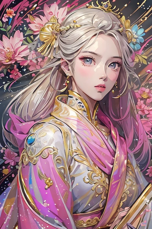  (High image quality, Best Quality, High resolution, Super detailed, 8k, Fine painting), Beautiful young woman, Unparalleled beauty, goddess,  perfect body , Perfect Nose, Perfect Mouth, Perfect Eyes, Beautiful face drawing, Perfect Skin, The most beautiful woman in the world, Silver blonde medium hair, Flower Hair Ornaments, Platinum Tiara, Elegant appearance, Bright Eyes, Perfect Skin, A simple and sophisticated two-piece silk garment, Pale pink shawl, Light silk belt, Ethereal and flowing long skirt, Overwhelmingly colorful colors, A dreamy and fantastical atmosphere,  fantasy style exquisitely crafted in anime style,  embodies traditional Chinese beauty ,  Exquisite and mature manga drawing style,  anatomically correct,  highly detailed eyes and face  , Unique creations and depictions ,  A mysterious world full of mystery and fantasy , 