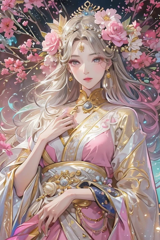  (High image quality, Best Quality, High resolution, Super detailed, 8k, Fine painting), Beautiful young woman, Unparalleled beauty, goddess,  perfect body , Perfect Nose, Perfect Mouth, Perfect Eyes, Beautiful face drawing, Perfect Skin, The most beautiful woman in the world, Silver blonde medium hair, Flower Hair Ornaments, Platinum Tiara, Elegant appearance, Bright Eyes, Perfect Skin, A simple and sophisticated two-piece silk garment, Pale pink shawl, Light silk belt, Ethereal and flowing long skirt, Overwhelmingly colorful colors, A dreamy and fantastical atmosphere,  fantasy style exquisitely crafted in anime style,  embodies traditional Chinese beauty ,  Exquisite and mature manga drawing style,  anatomically correct,  highly detailed eyes and face  , Unique creations and depictions ,  A mysterious world full of mystery and fantasy , 