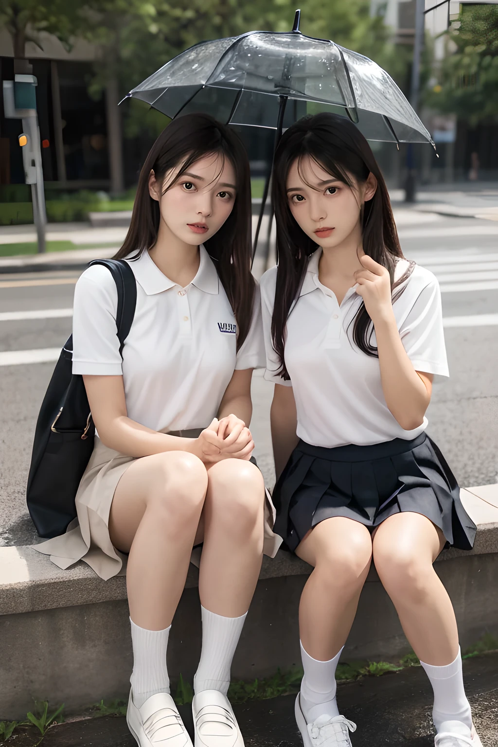 heavy rain, soaked, long hair, looking at viewer, smile, bangs, (Two girls in:1.2), skirt, brown hair, shirt, black hair, short sleeves, brown eyes,  long hair, white polo shirt, pleated skirt, open clothes, shoes, socks, striped, collared shirt, hand up, bag, kneehighs, brown footwear, loafers, school bag, Wet, park seat, Sitting, (Closeup:1.2)