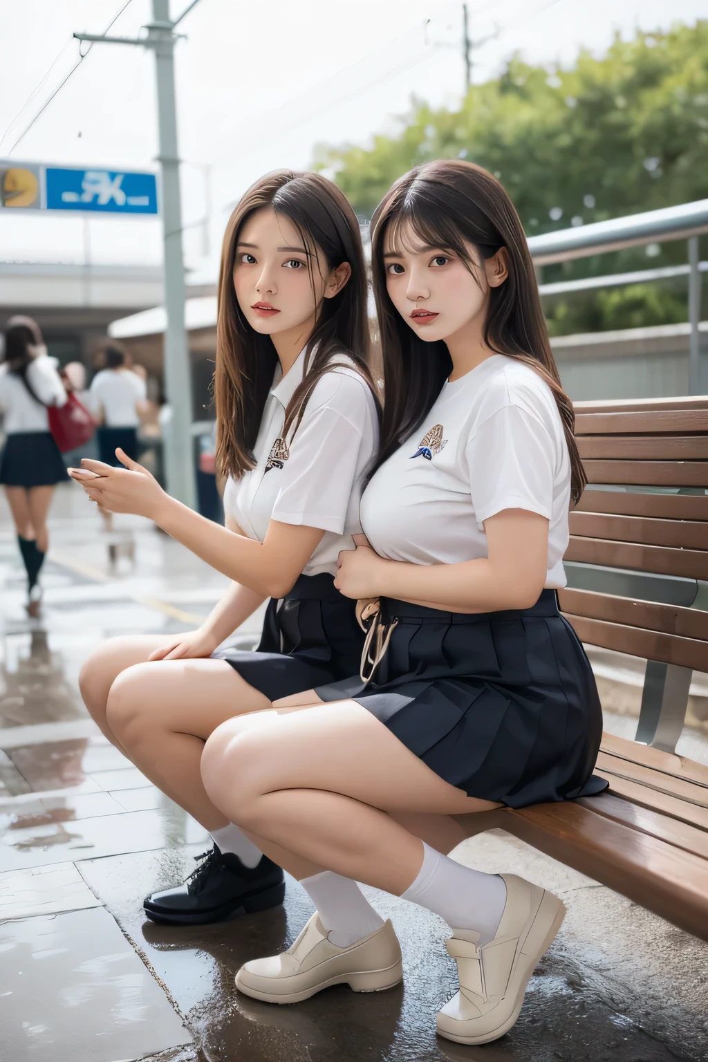 heavy rain, soaked, long hair, looking at viewer, smile, bangs, (Two girls in:1.2), skirt, brown hair, shirt, black hair, short sleeves, brown eyes,  long hair, Wet white browce, pleated skirt, open legs, shoes, socks, striped, hand up, bag, kneehighs, brown footwear, loafers, school bag, Train station seat, Sitting, (Plump breast:1.2)