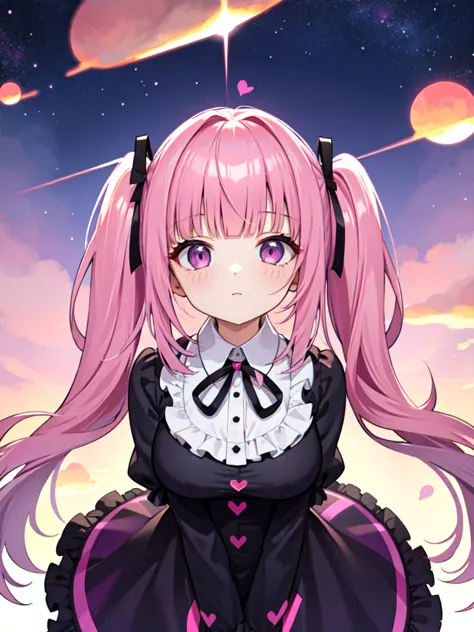 (best quality, ultra detailed:1.2), girl, pink hair, twintails, blunt bangs, round eyes, dark purple eyes, upper body, arms behi...