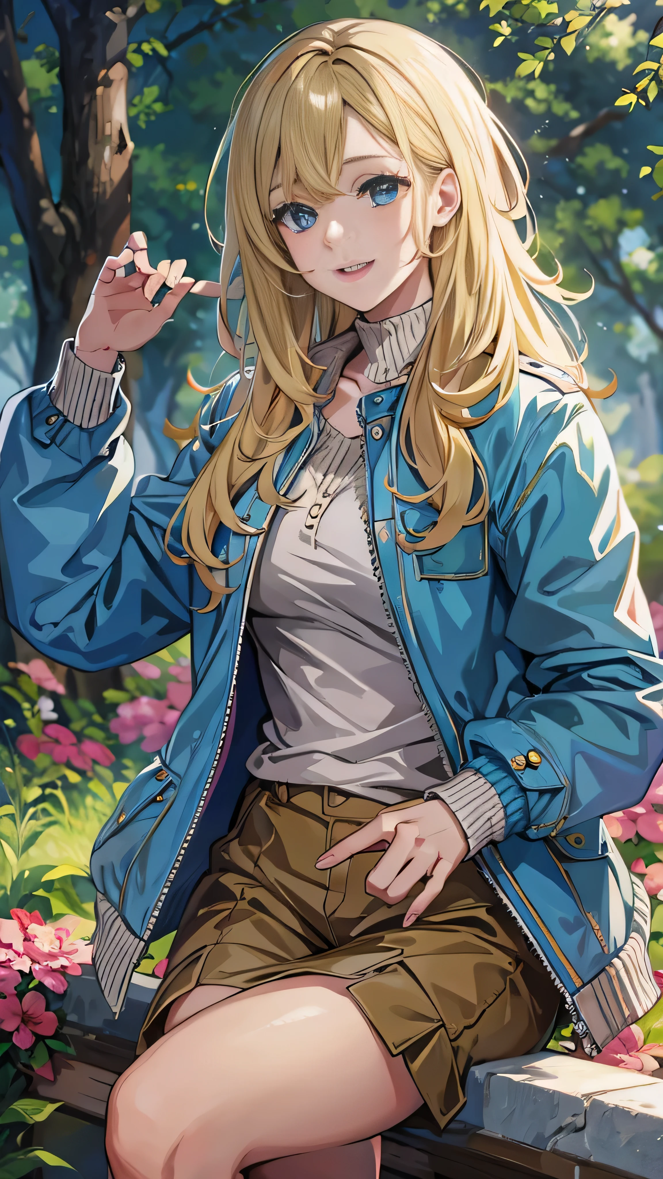 masterpiece, Best Quality, One girl, beautiful,  delicate, Very complicated, detailed, Blonde, jacket, blue eyes, ((masterpiece)), extremely detailed, Best Quality, High resolution, ((In the park)), Bridget, smile,  