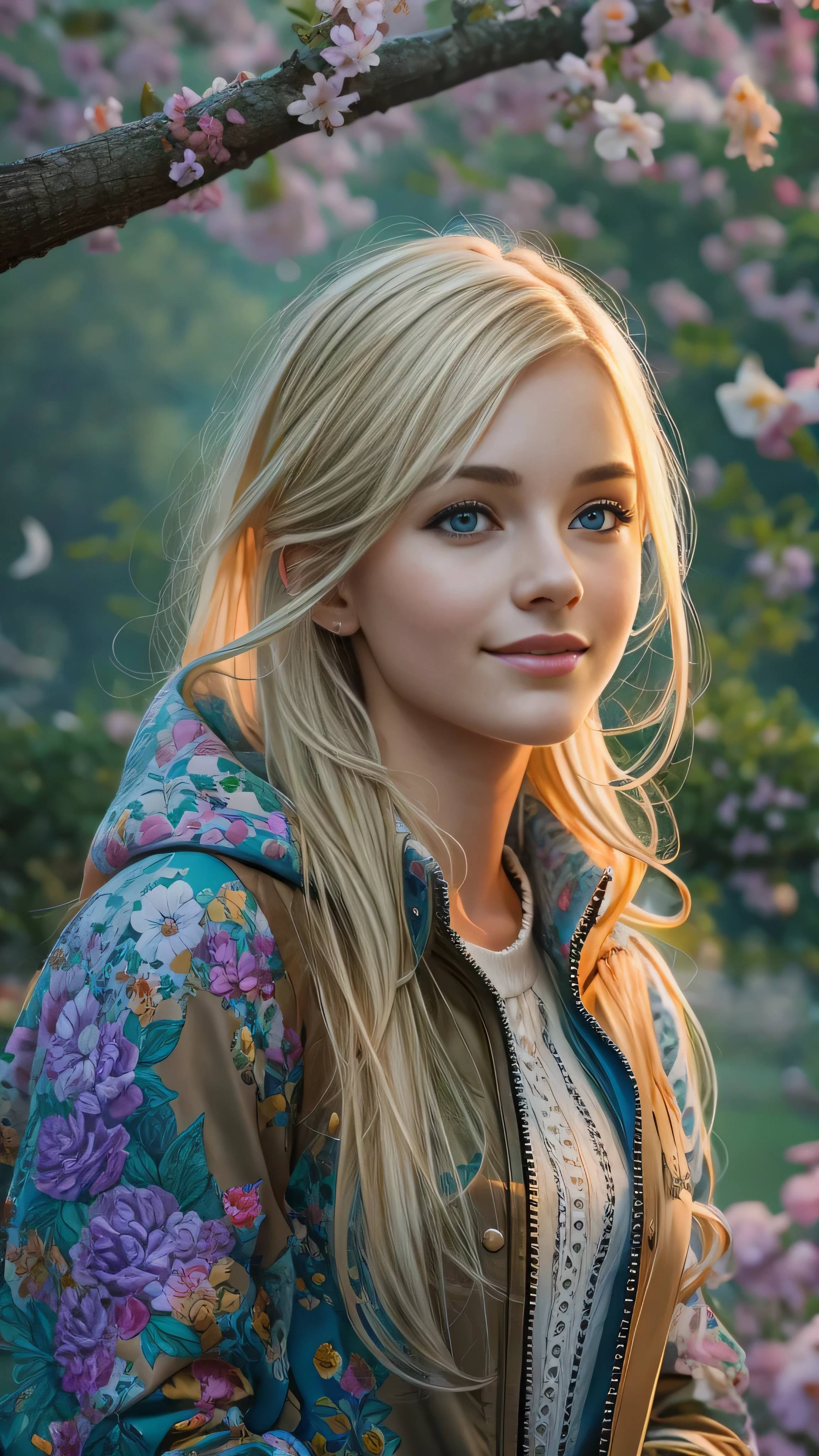 masterpiece, Best Quality, One girl, beautiful,  delicate, Very complicated, detailed, Blonde, jacket, blue eyes, ((masterpiece)), extremely detailed, Best Quality, High resolution, ((In the park)), Bridget, smile,  