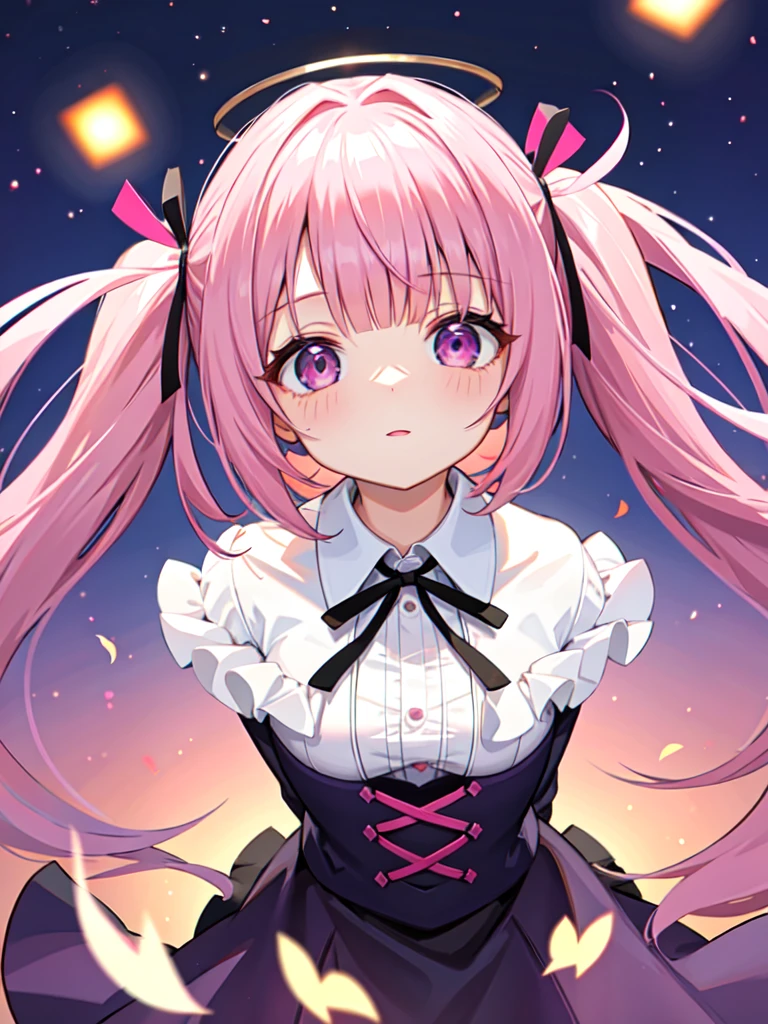 (best quality, ultra detailed:1.2), girl, pink hair, twintails, blunt bangs, round eyes, dark purple eyes, upper body, arms behind back, breasts, sunset, lantern light, collared dress, heart-shaped cutout on chest area, (looking up:1.4), from above