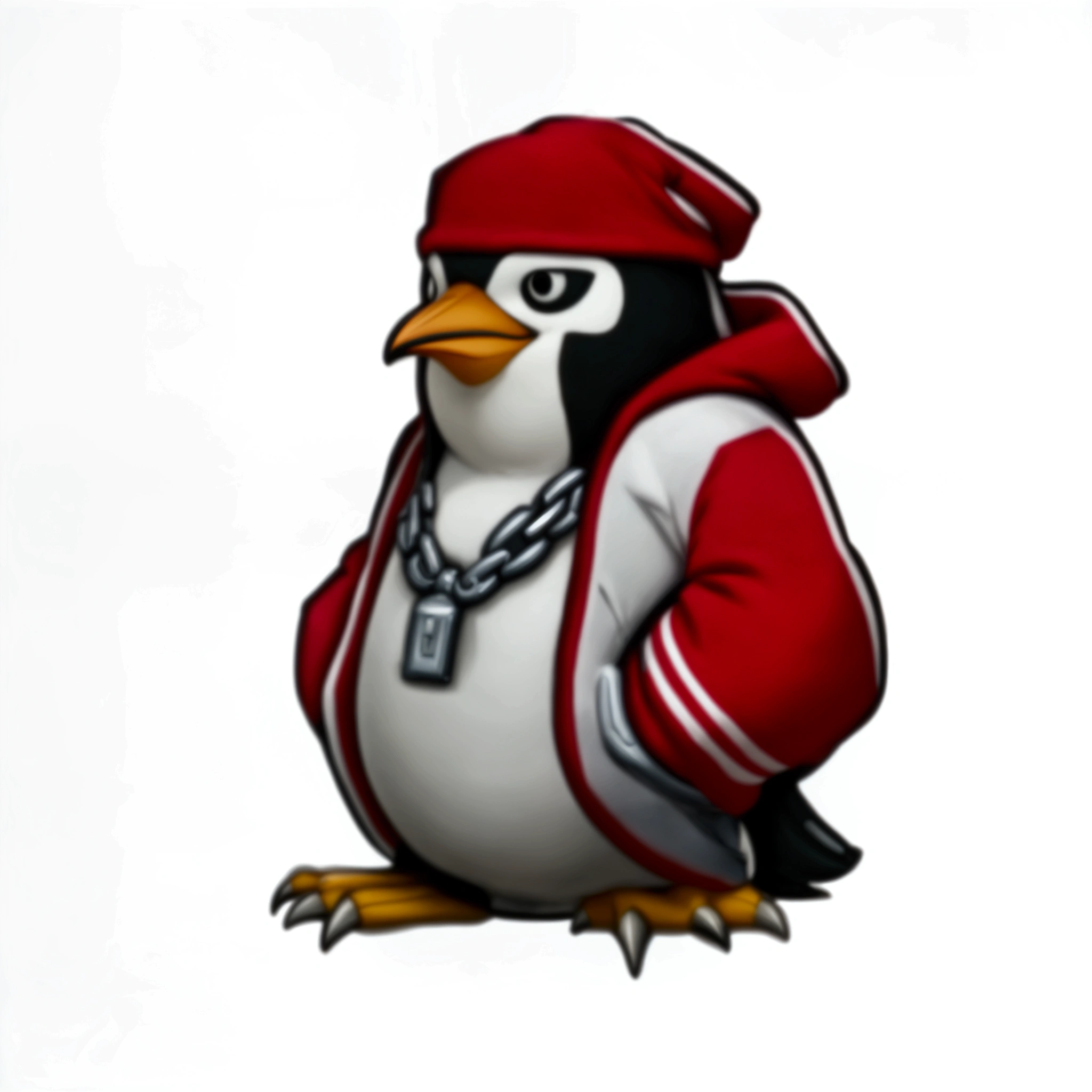 a close up of a cartoon penguin wearing a red and white jacket, penguinz0, mecha anthropomorphic penguin, anthropomorphic penguin, penguin, fat penguin, fat penguin unity asset, pinguin, soldier penguins, full body mascot, club penguin, gangster, falco lombardi from starfox, as a character in tekken