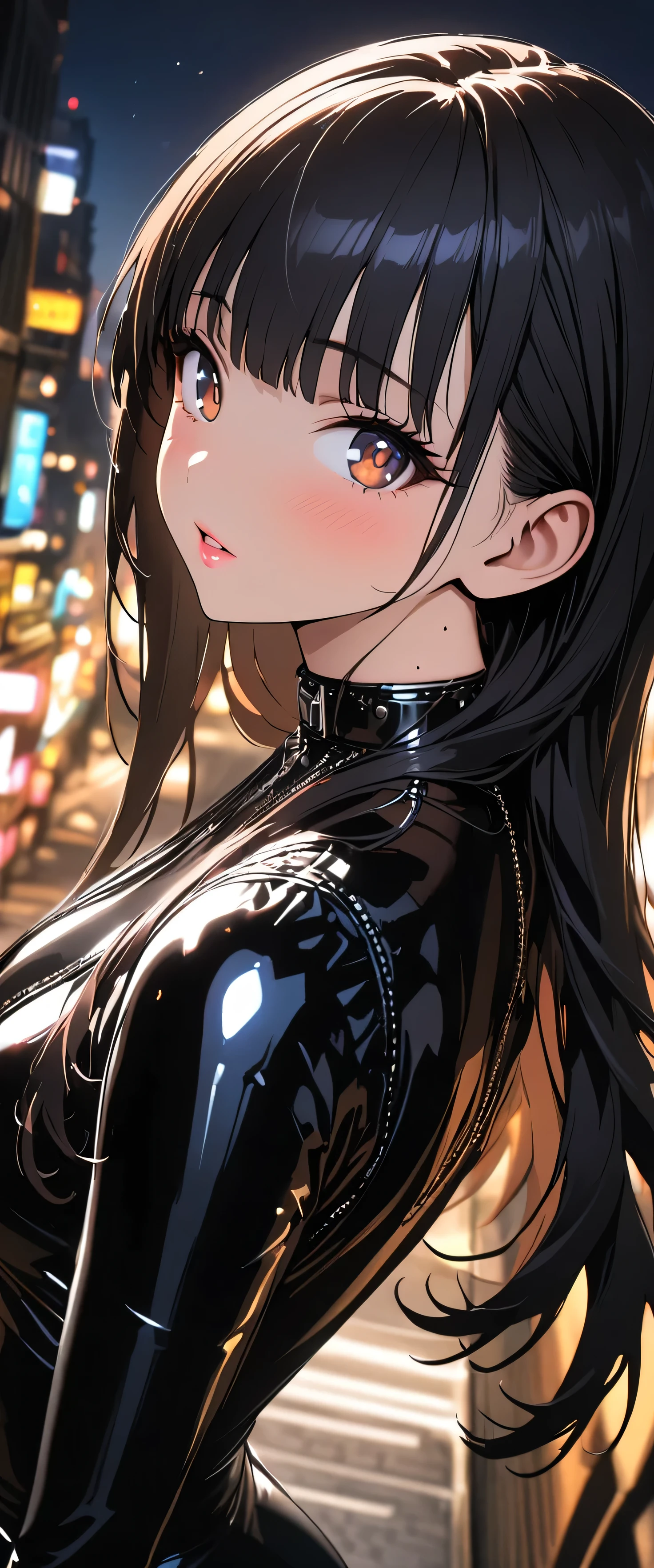 (beautiful girl: 1.3),One girl,masterpiece,Please redeem,Ultra-high resolution,Rich contrast,Very high quality,8k, very detailed CG unit wallpaper,Texture,So ridiculous,RAW Photos,Please redeem anime,Depth of written boundary 1.2,ultra-detailed eyes,Glowing Skin,Glitter Effect,Beautiful glossy lips,Yamada Anna,dark blue hair,brown eyes,long hair,sidelocks,mole on neck,( Full Body Black Latex:1.5),night,Town, skyscrapers,Tokyo,(Conceit),(Rear View:1.3),(Close up on neck)