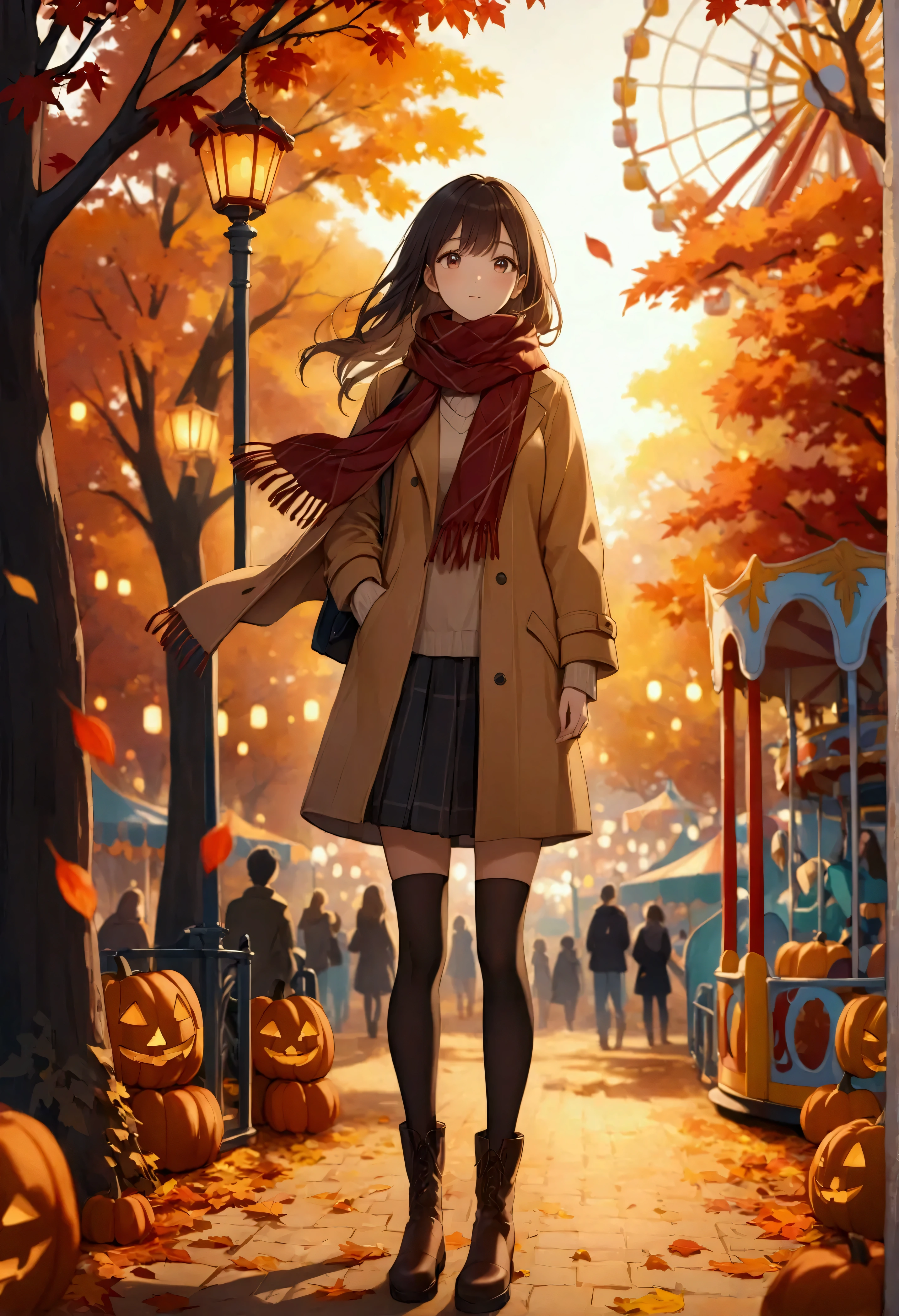 a beautiful anime-themed image of a stylish Japanese college girl standing in an autumn-themed amusement park, where both the girl and the park are central to the scene. Inspired by the elegant, detailed style of Makoto Shinkai, known for his atmospheric and character-focused work, the girl is wearing a chic autumn outfit, including a cozy coat, scarf, and boots in warm tones of beige, maroon, and brown. She stands amidst the vibrant autumn leaves, with the golden light of the late afternoon sun casting a warm glow over her and the park.

Behind her, the amusement park is alive with autumn-themed decorations—jack-o'-lanterns, colorful carnival rides, and warm-toned lights illuminating the park. The scene captures both her thoughtful expression as she gazes at the park's attractions and the surrounding autumn atmosphere. The angle is slightly above eye level, focusing on the details of her attire while also showcasing the amusement park's vibrant rides, including a Ferris wheel and carousel, with trees shedding red and gold leaves in the background. The soft, ambient light reflects off the attractions and pathways, creating a welcoming, festive autumn atmosphere. The background features a blend of vivid park details and subtle bokeh effects, adding depth to the scene. Post-processing enhances the warm tones of the lighting and autumn colors, making both the girl and the park feel equally vibrant and alive. The mood should evoke a sense of warmth, nostalgia, and seasonal magic, with a perfect balance between the character and the autumn amusement park setting.