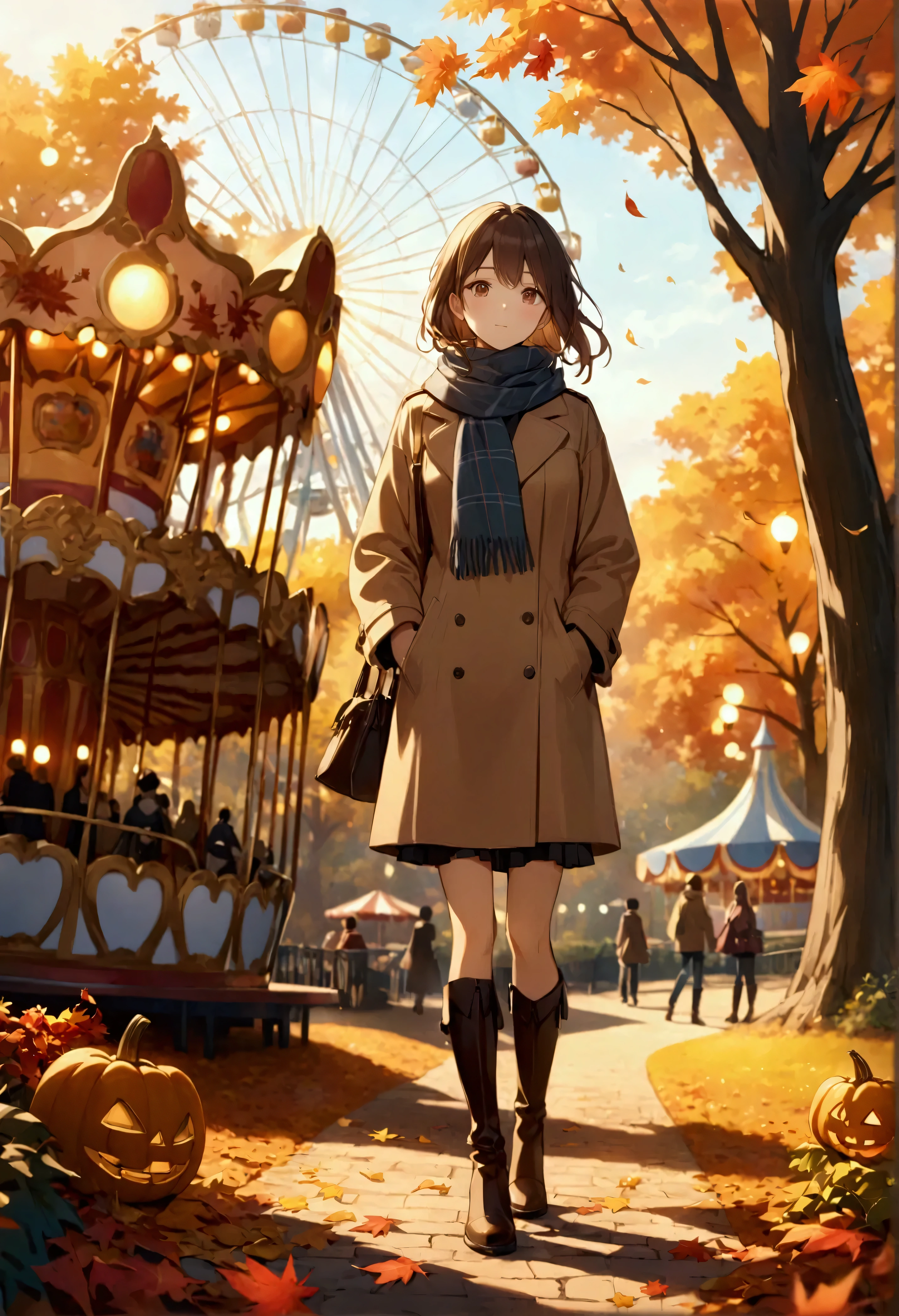 a beautiful anime-themed image of a stylish Japanese college girl standing in an autumn-themed amusement park, where both the girl and the park are central to the scene. Inspired by the elegant, detailed style of Makoto Shinkai, known for his atmospheric and character-focused work, the girl is wearing a chic autumn outfit, including a cozy coat, scarf, and boots in warm tones of beige, maroon, and brown. She stands amidst the vibrant autumn leaves, with the golden light of the late afternoon sun casting a warm glow over her and the park.

Behind her, the amusement park is alive with autumn-themed decorations—jack-o'-lanterns, colorful carnival rides, and warm-toned lights illuminating the park. The scene captures both her thoughtful expression as she gazes at the park's attractions and the surrounding autumn atmosphere. The angle is slightly above eye level, focusing on the details of her attire while also showcasing the amusement park's vibrant rides, including a Ferris wheel and carousel, with trees shedding red and gold leaves in the background. The soft, ambient light reflects off the attractions and pathways, creating a welcoming, festive autumn atmosphere. The background features a blend of vivid park details and subtle bokeh effects, adding depth to the scene. Post-processing enhances the warm tones of the lighting and autumn colors, making both the girl and the park feel equally vibrant and alive. The mood should evoke a sense of warmth, nostalgia, and seasonal magic, with a perfect balance between the character and the autumn amusement park setting.