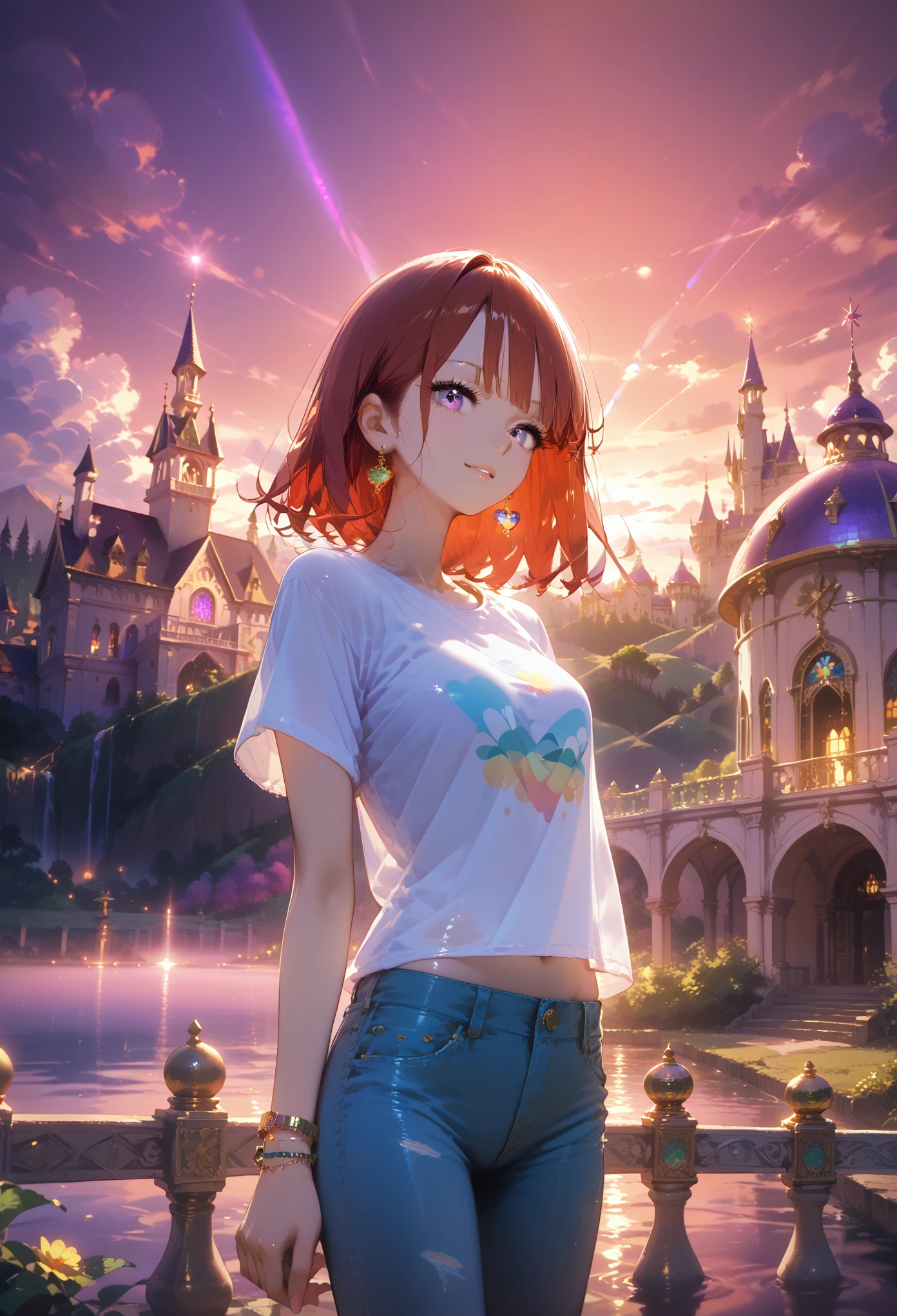 score_9, score_8_up, score_7_up, young woman,  With Purple Red Hair Dyeing, dressed in a T-shirt and jeans,  On Hand Jewelry Bracelet , Shine Кожи, bright colors, background palace,  Domes Golden , Terrace View ,  Sunset Light Creeps Through Water ,  Fence Railings ,  Beautiful Complex Background , Game of Shadows, bright colors, masterpiece, maximum quality, 8 k, Shine,  Sweet Mist Falls On The Water ,