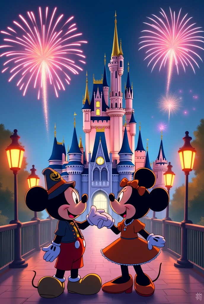 anime style, Mickey and Minnie playing at the Tokyo Disneyland park, Mickey and Minnie are wearing fashionable costumes with Halloween motifs, the words "Tokyo Disneyland", night, Colourful and spectacular fireworks over Cinderella Castle.