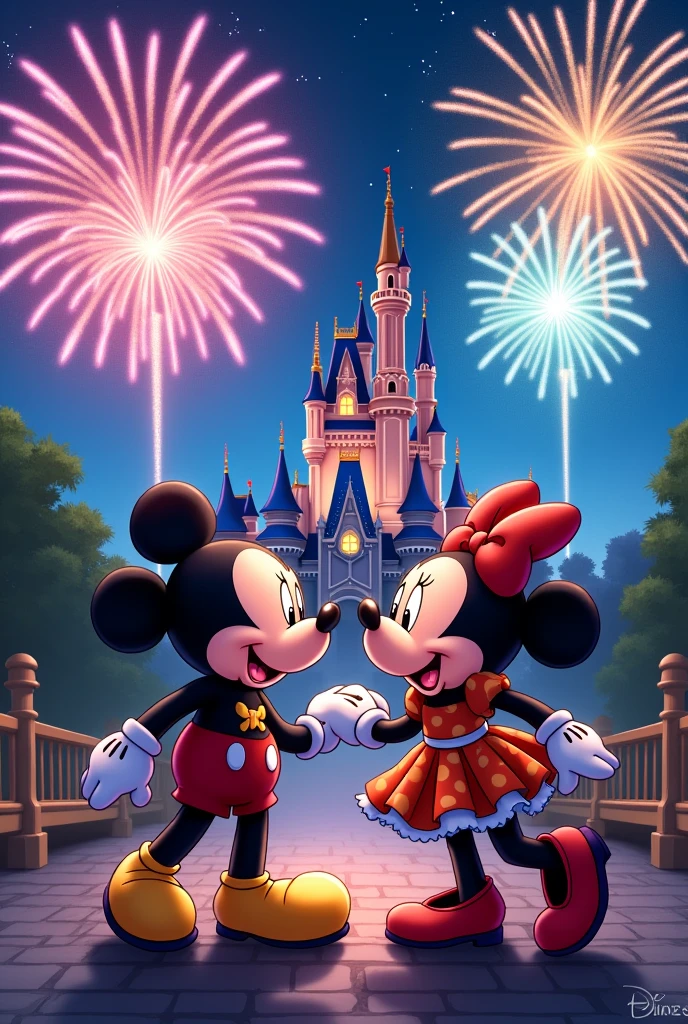 anime style, Mickey and Minnie playing at the Tokyo Disneyland park, Mickey and Minnie are wearing fashionable costumes with Halloween motifs, the words "Tokyo Disneyland", night, Colourful and spectacular fireworks over Cinderella Castle.