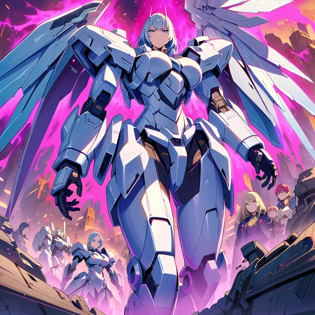 Anime, high detailed, multiple womans, mature womans, platinum-like mecha armor, large mechanical wings, large Gauntlet, serious, curvy body, long mechanical wings, mecha weapons、Colored armors、magenta Colored aura、BLUE Eyes, elongated pupils,  Mature Woman、magenta aura、womans surrounding, background a crumbled city