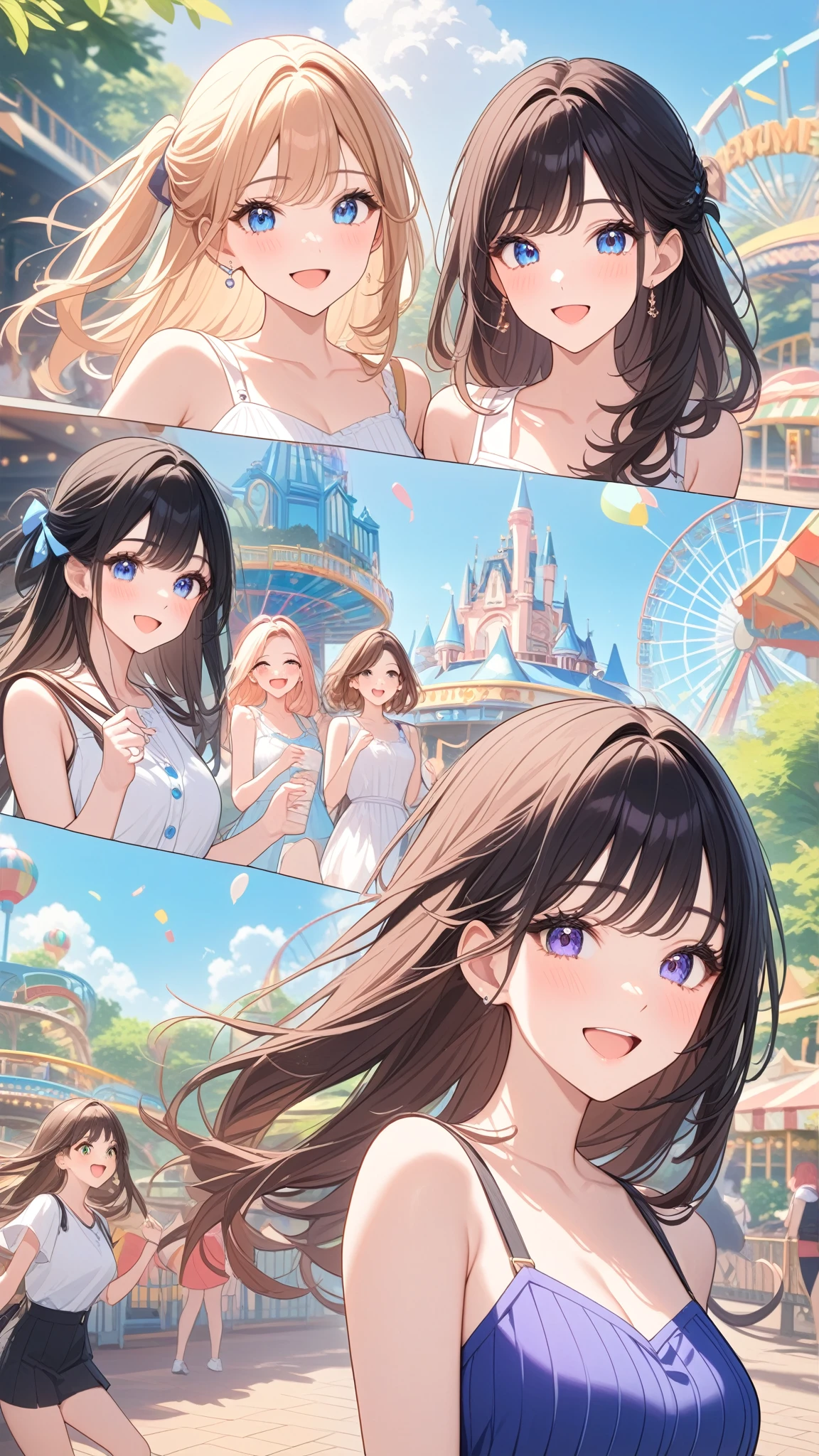 4girls, JK, joyful, happy, various expressions, various looks, unique people, amusement parks, (masterpiece:1.2), best quality, high quality, Highres, (hyper detailed), detailed gradation background,