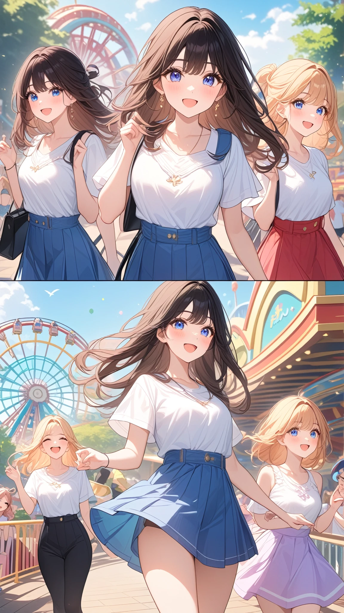 4girls, JK, joyful, happy, various expressions, various looks, unique people, amusement parks, (masterpiece:1.2), best quality, high quality, Highres, (hyper detailed), detailed gradation background,