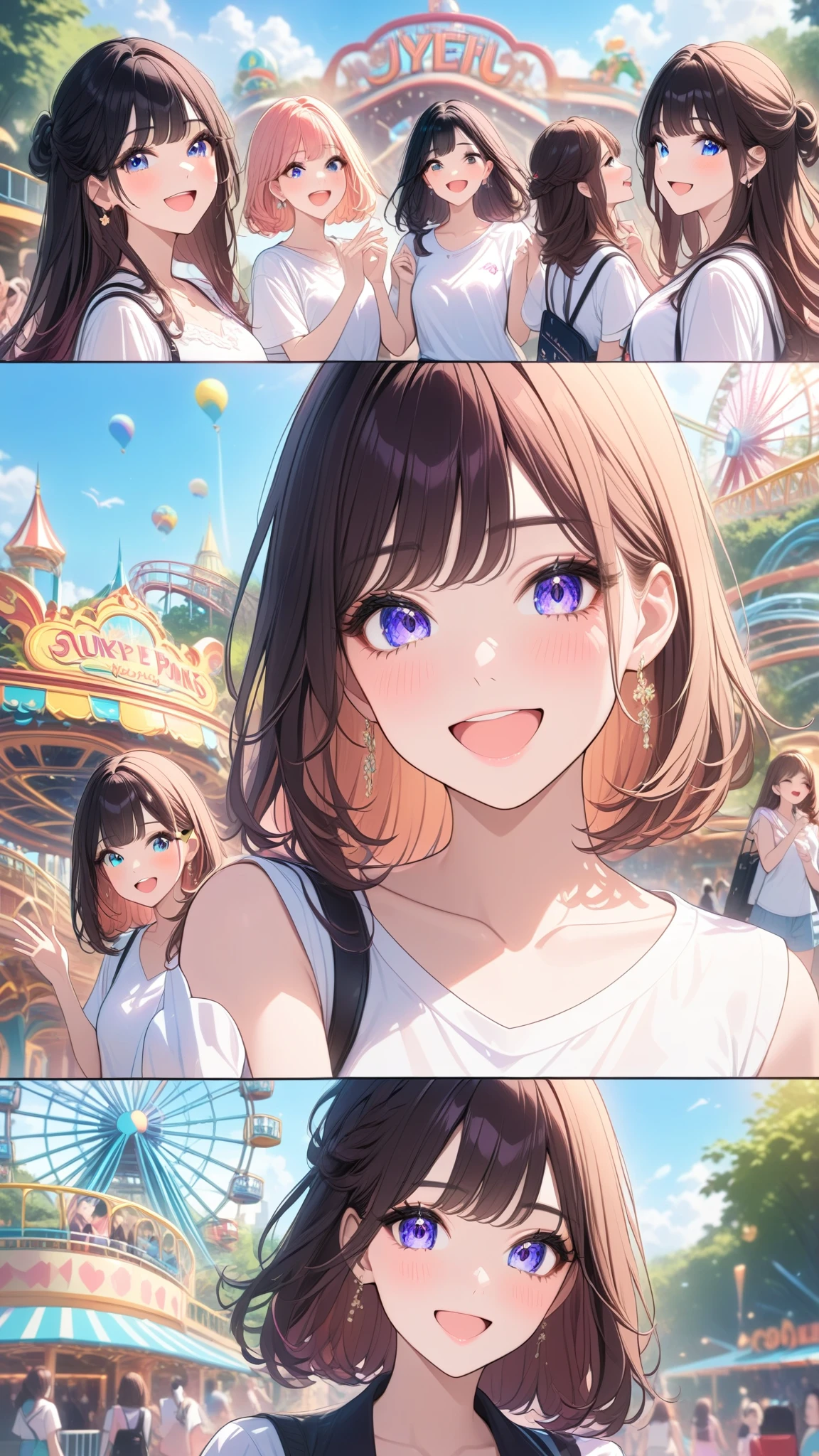 4girls, JK, joyful, happy, various expressions, various looks, unique people, amusement parks, (masterpiece:1.2), best quality, high quality, Highres, (hyper detailed), detailed gradation background,