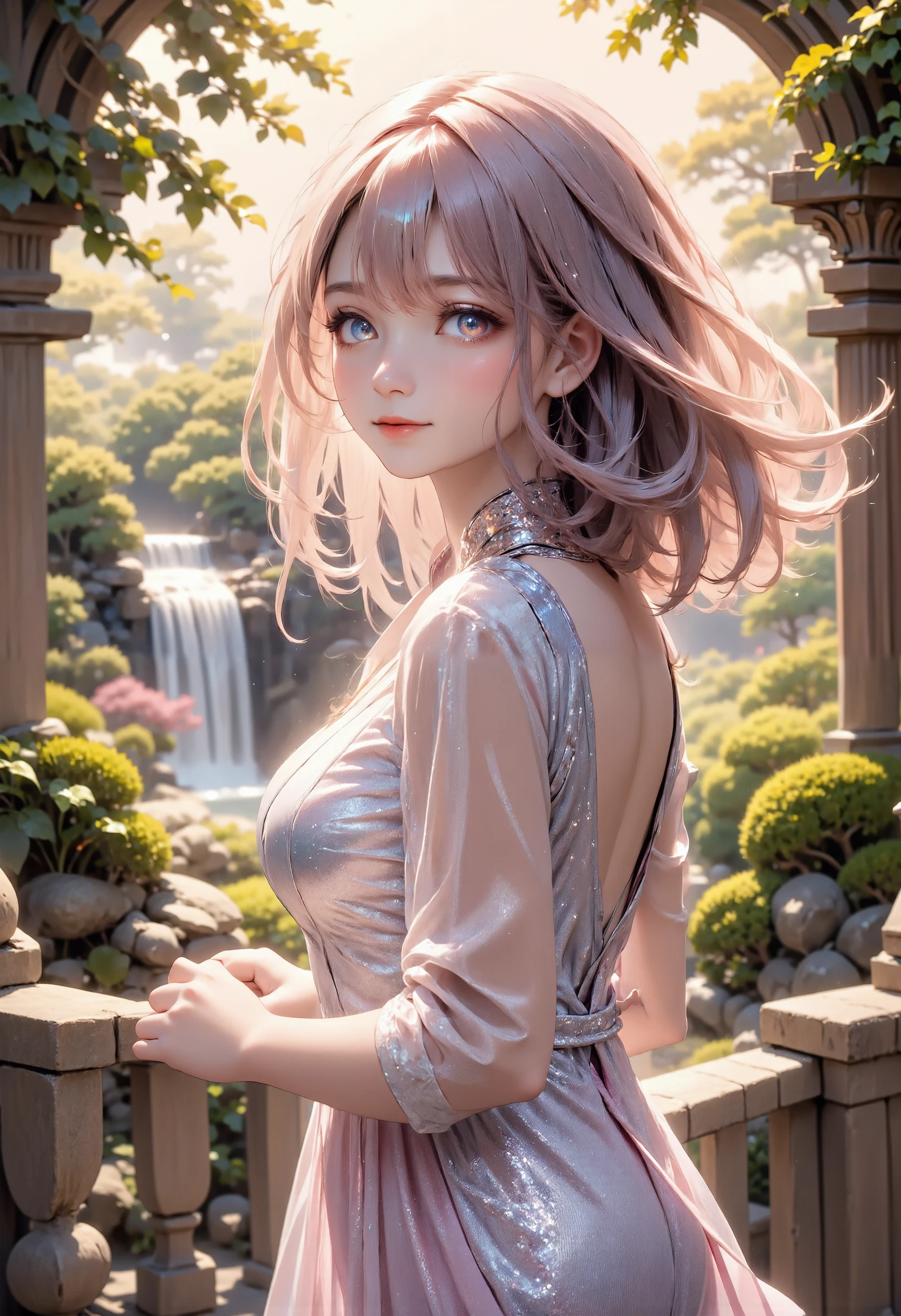 masterpiece, best quality, ultra-detailed, a graceful woman standing on a stone balcony, overlooking a magnificent waterfall, the water cascading down in a soft, gentle flow, her delicate dress flowing down to the floor, made of silk that catches the light, reflecting a subtle gradient of soft pastel colors, her hair neatly styled, with a slight wisp of hair gently moving in the breeze, her posture is calm and poised, conveying elegance and serenity, the stone balustrade intricately carved, adding a sense of classic sophistication, surrounding the balcony are lush green vines and leaves, the sunlight filters through, casting a warm glow over the scene, creating a serene and almost ethereal atmosphere, the background is filled with the sound of the rushing water, as mist gently rises around the falls, adding a soft, dreamlike quality to the air, she stands still, a faint, gentle smile on her lips, as if lost in thought, absorbing the beauty of nature around her, her presence is calming, as though she embodies peace and tranquility, a solitary figure in harmony with her surroundings, in a moment of quiet contemplation amidst the natural splendor.